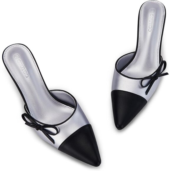 Mules Heels Silver Faux Leather Closed Pointed Toe Slip On Backless Shoes Pumps - Picture 1 of 6